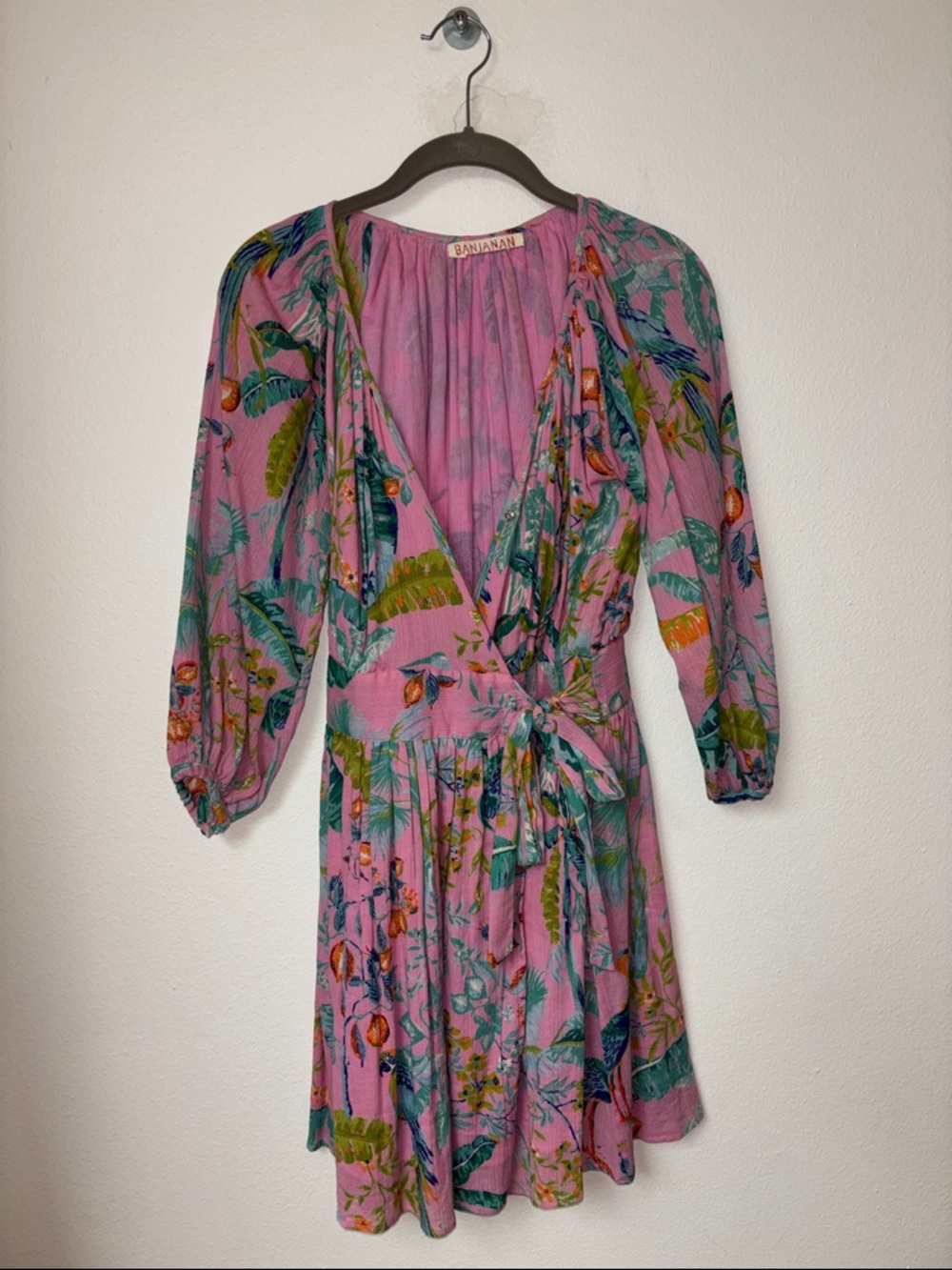 Banjanan Pink Tropical Print Wrap Mini Dress